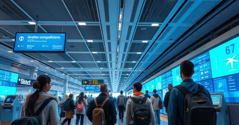 Futuristic airport interior demonstrating advanced technology for modern travel.